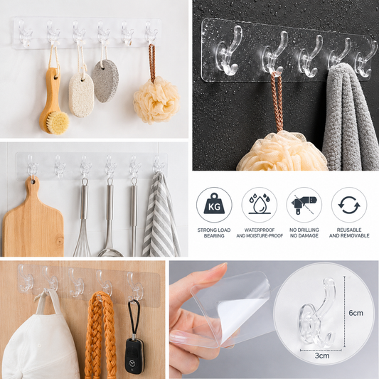 Heavy Duty Transparent Self Adhesive Wall Hook Strip – Waterproof Multipurpose No Drill Sticky Hooks for Bathroom, Kitchen, Bedroom & Office (6 Hooks)