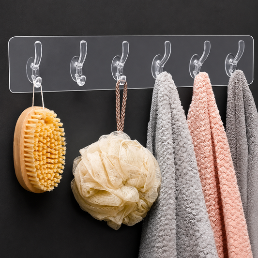 Heavy Duty Transparent Self Adhesive Wall Hook Strip – Waterproof Multipurpose No Drill Sticky Hooks for Bathroom, Kitchen, Bedroom & Office (6 Hooks)