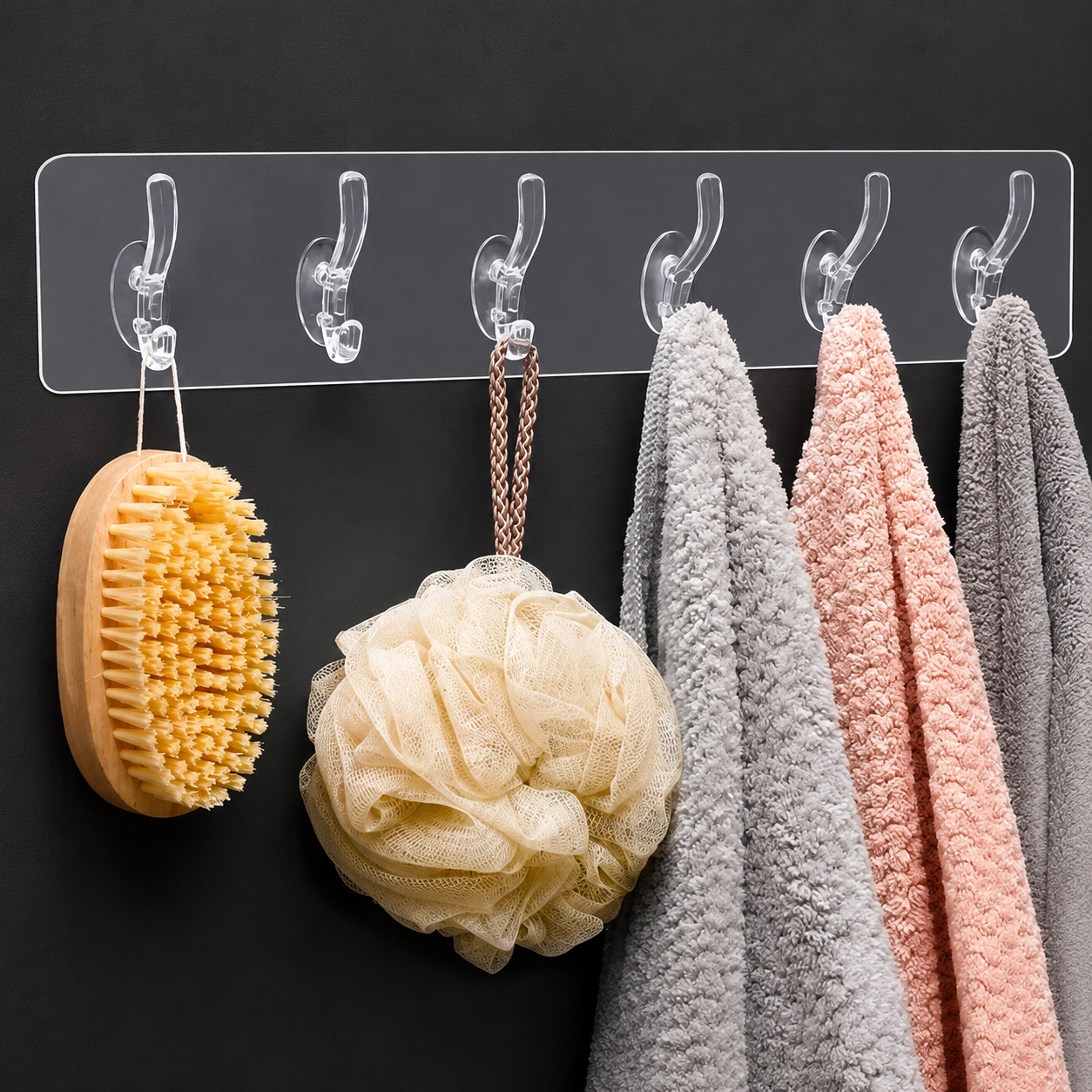 Heavy Duty Transparent Self Adhesive Wall Hook Strip – Waterproof Multipurpose No Drill Sticky Hooks for Bathroom, Kitchen, Bedroom & Office (6 Hooks)