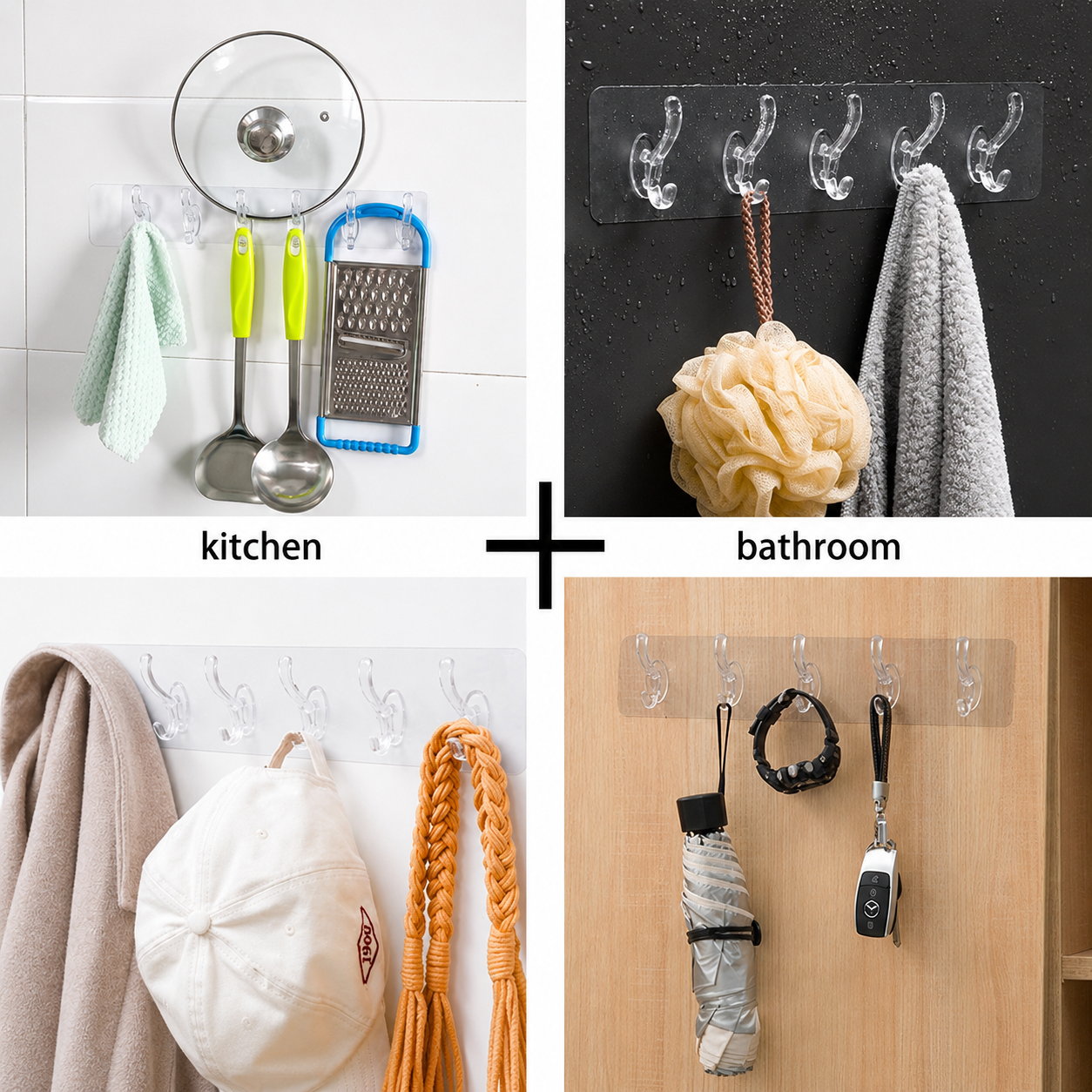 Heavy Duty Transparent Self Adhesive Wall Hook Strip – Waterproof Multipurpose No Drill Sticky Hooks for Bathroom, Kitchen, Bedroom & Office (6 Hooks)