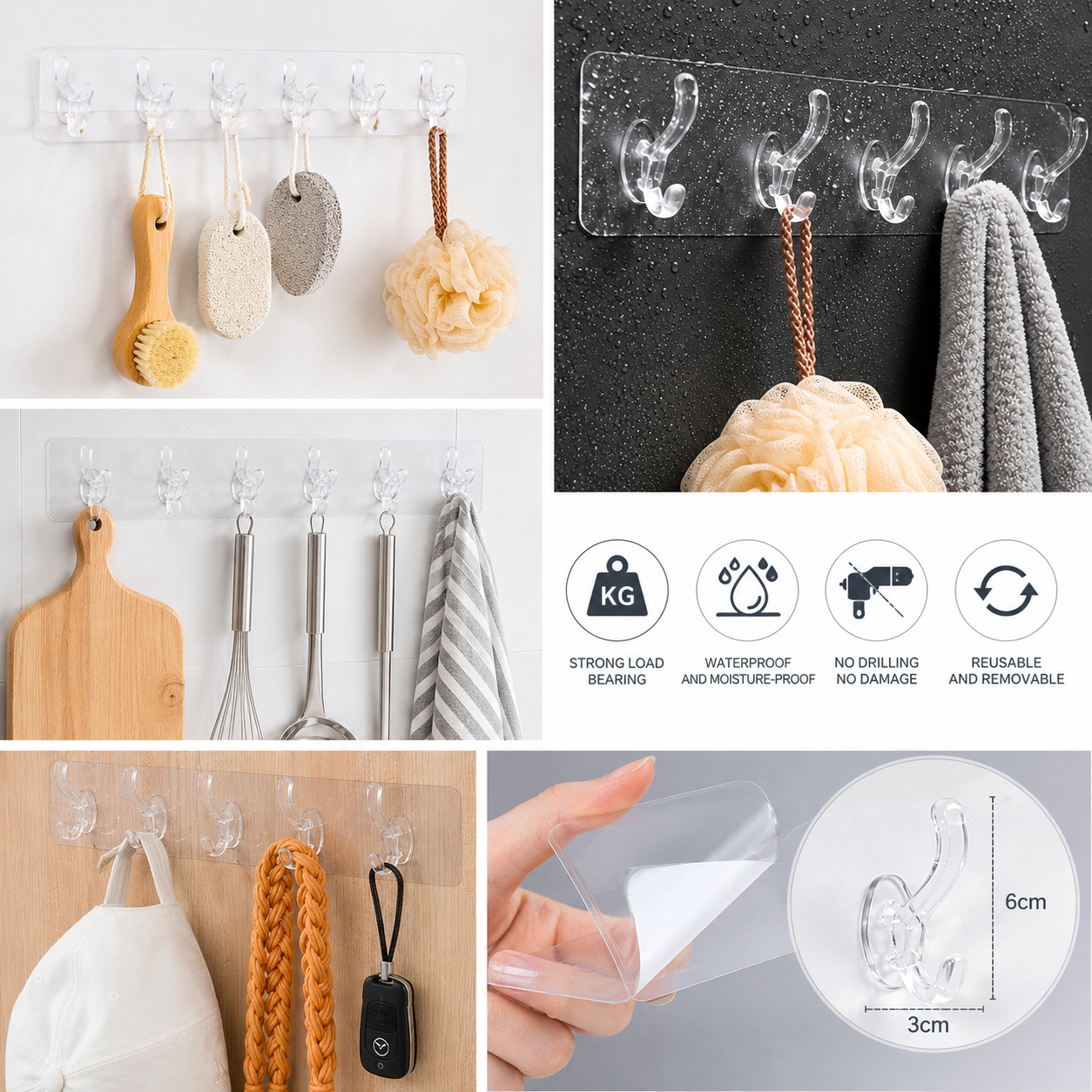 Heavy Duty Transparent Self Adhesive Wall Hook Strip – Waterproof Multipurpose No Drill Sticky Hooks for Bathroom, Kitchen, Bedroom & Office (6 Hooks)