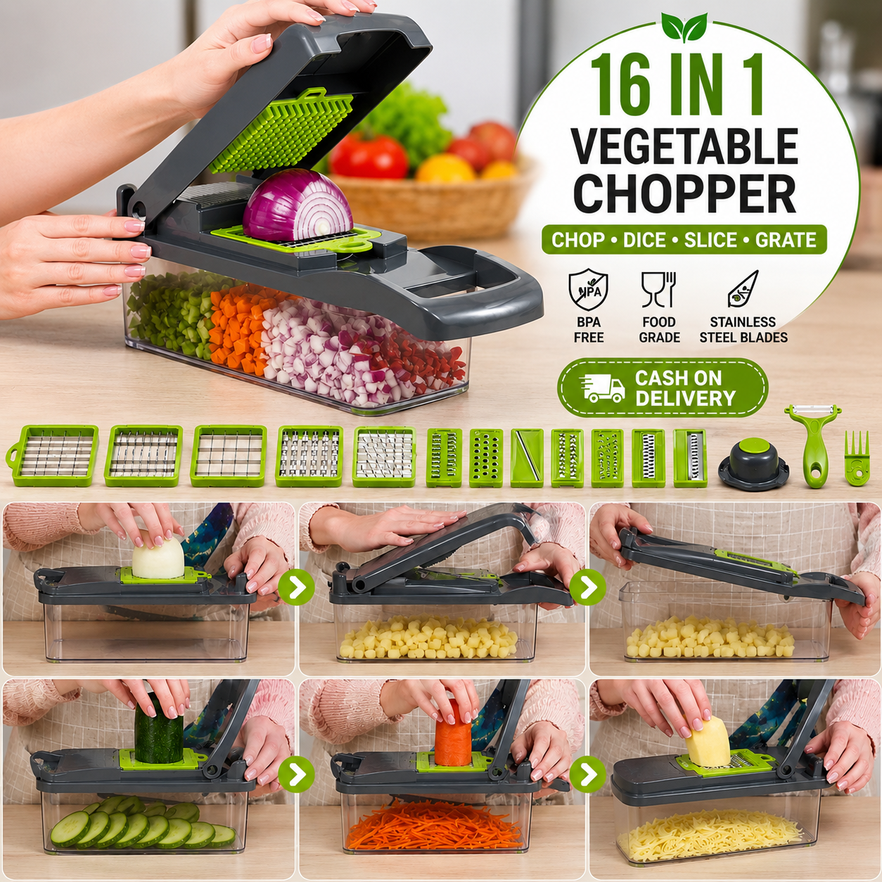 Multifunctional Vegetable Cutter & Grater | 16-in-1 Kitchen Chopper
